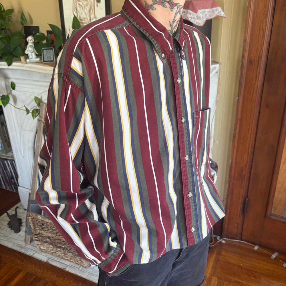 💀 SOLD 💀 Vintage 80s Striped Cropped Boxy Long Sleeve Button Down Ziza ~ Size L - Picture 4 of 8